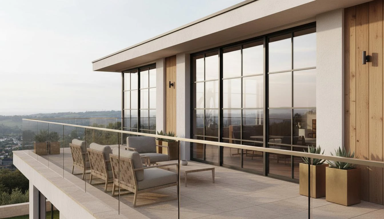 Parapetto minimale in acciaio e vetro su terrazza panoramica