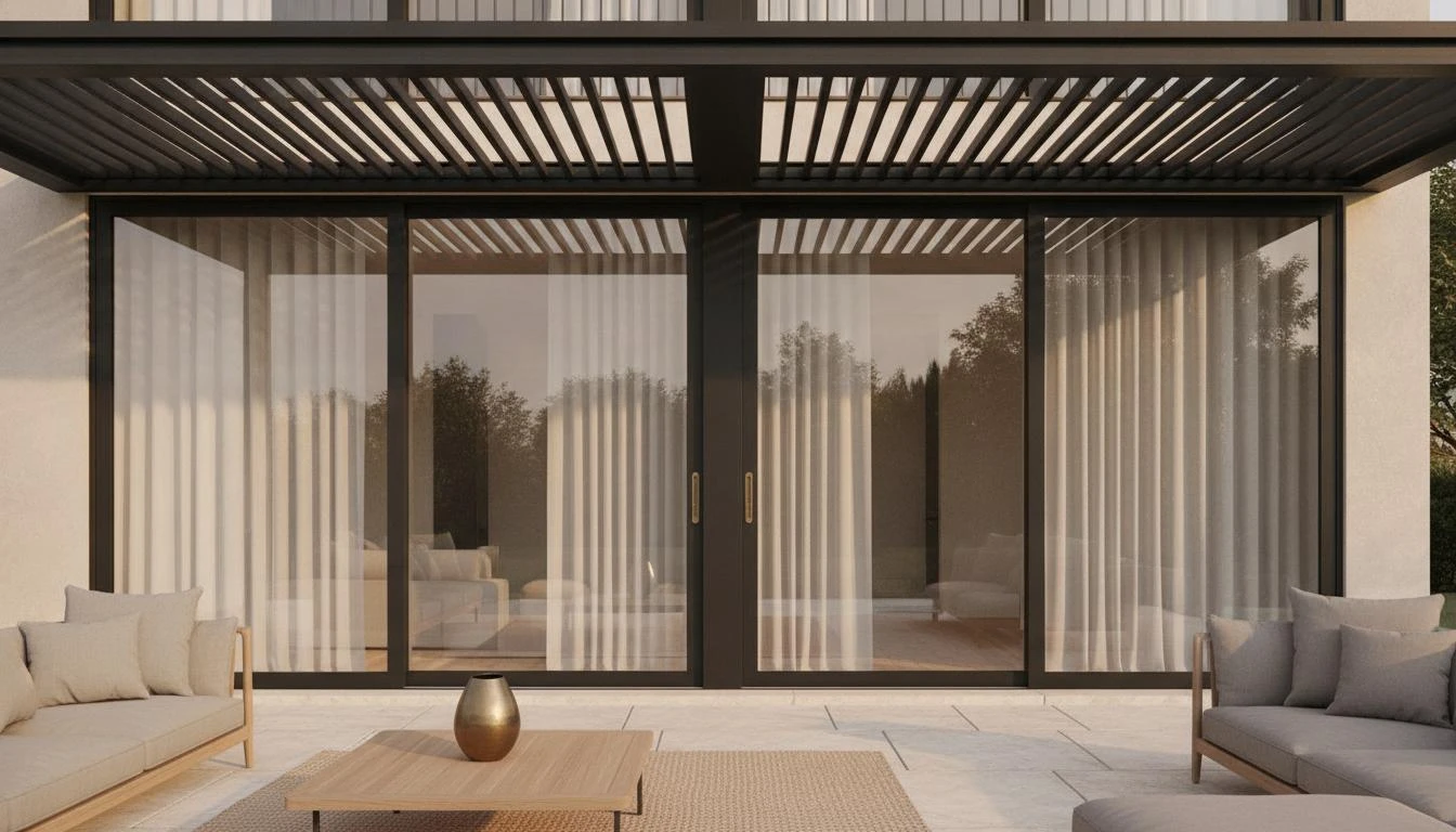 Pergola bioclimatica addossata alla facciata sopra un patio