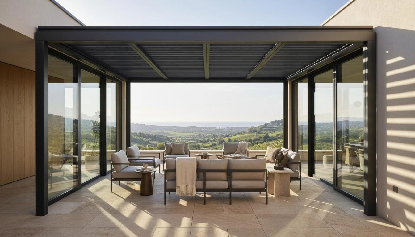 Pergola bioclimatica nera su terrazza con vista