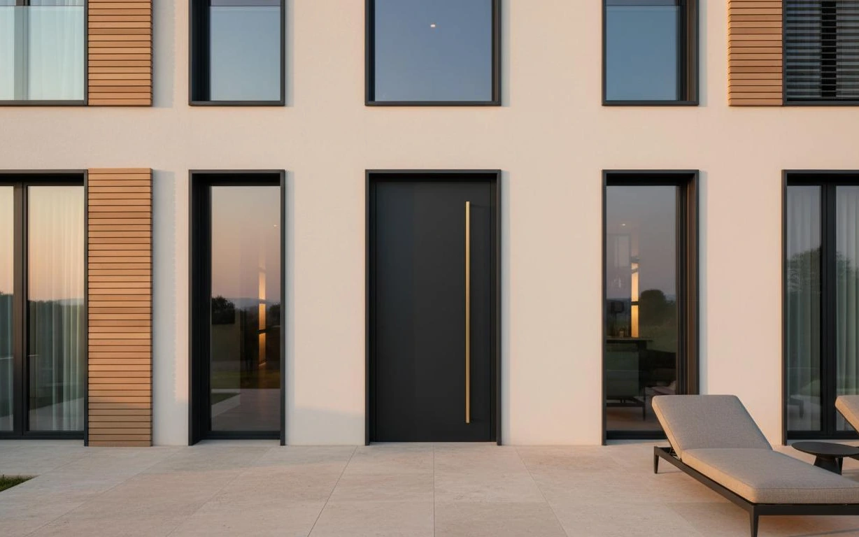 Porta blindata nera con pannello a filo su facciata contemporanea