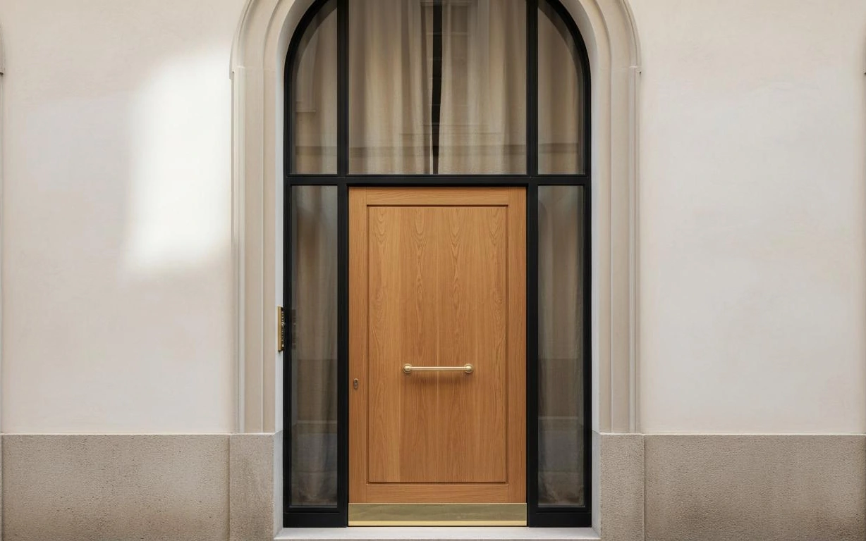 Porta blindata rivestita in rovere su ingresso classico