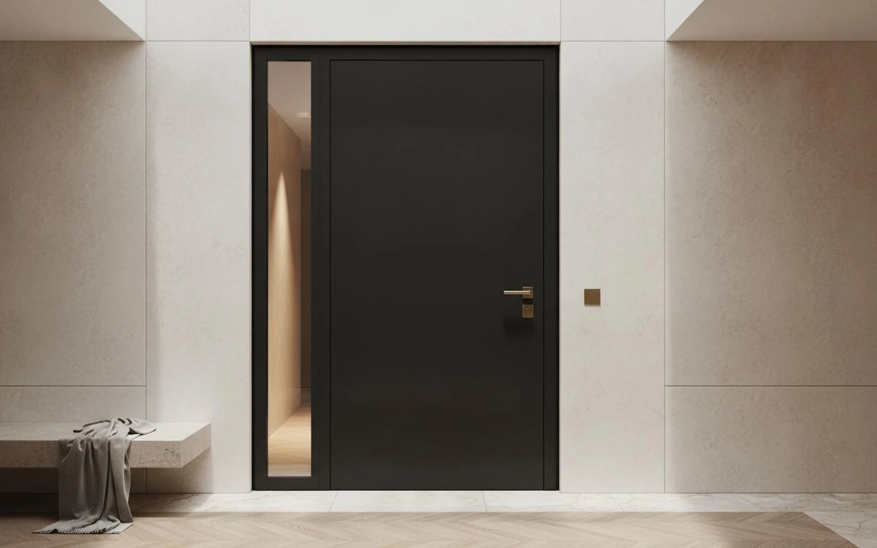 Porta blindata nera con fiancoluce vetrato verticale