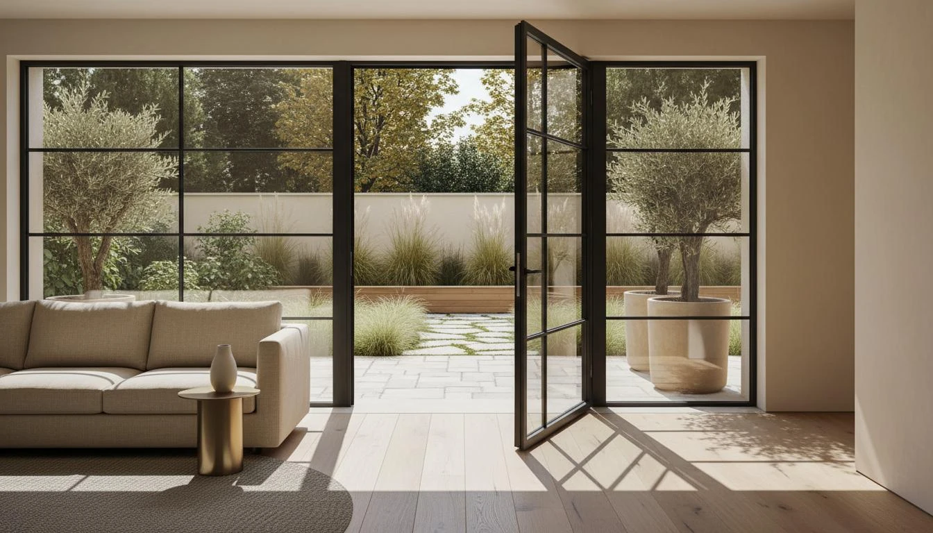 Porta esterna nera con vetrata in una villa contemporanea