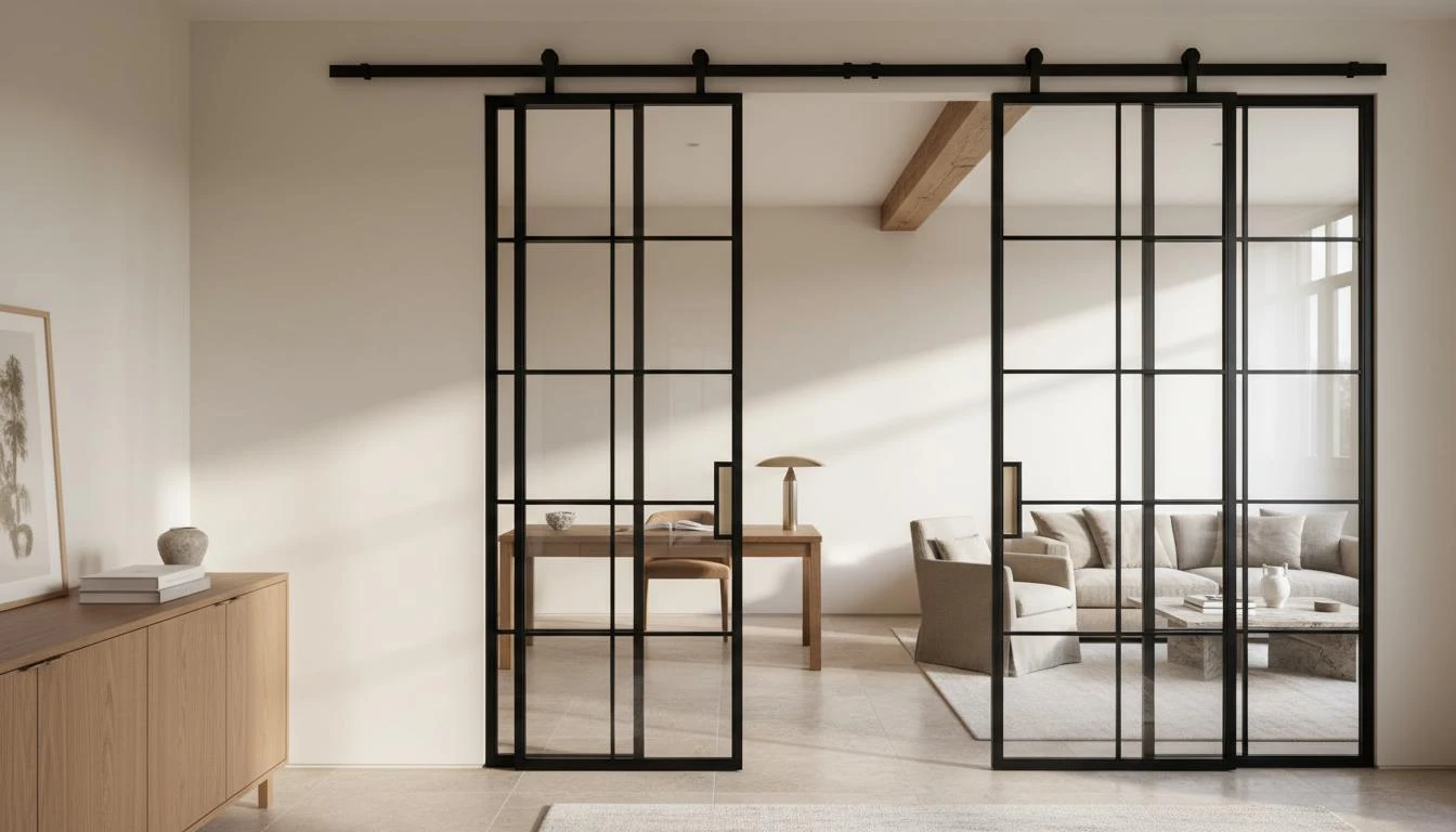 Porta vetrata scorrevole stile crittall su binario a vista