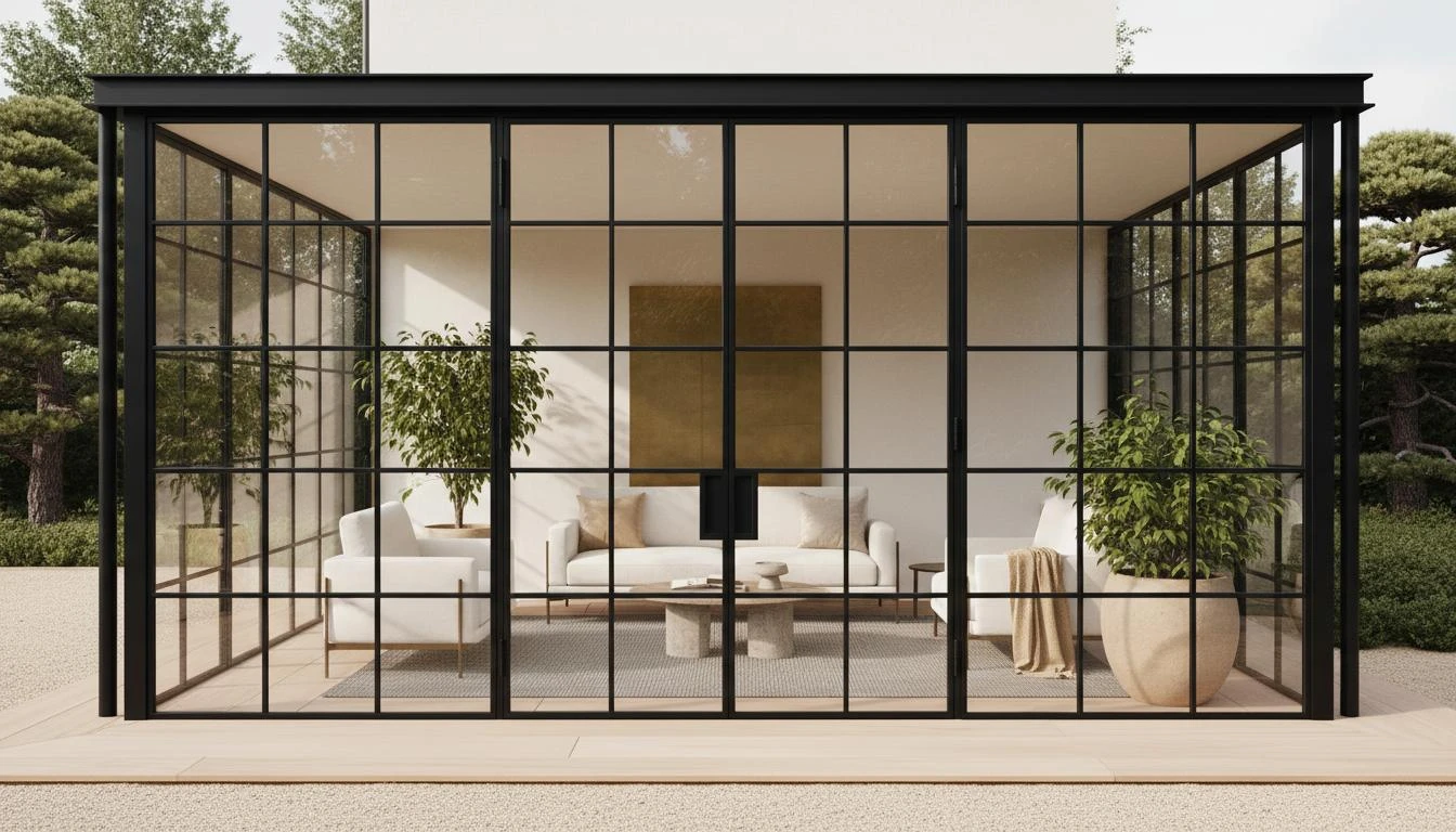 Veranda vetrata nera affacciata sul giardino