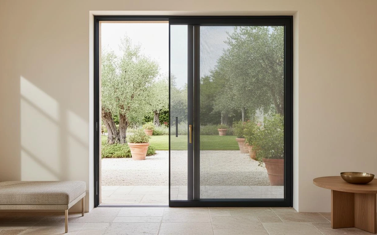 Zanzariera scorrevole laterale su ampia porta-finestra verso il giardino