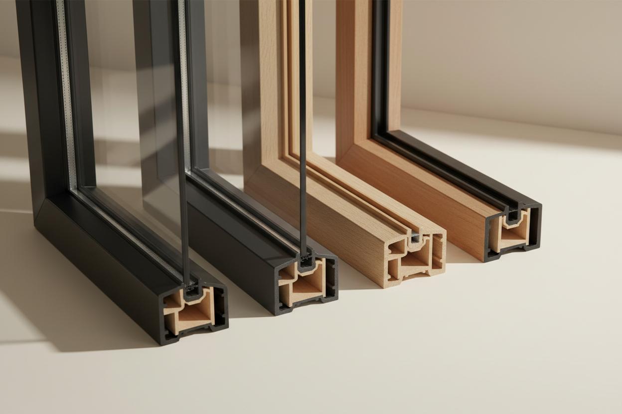 Quattro profili d’angolo a confronto: alluminio nero, PVC antracite, legno e legno-alluminio