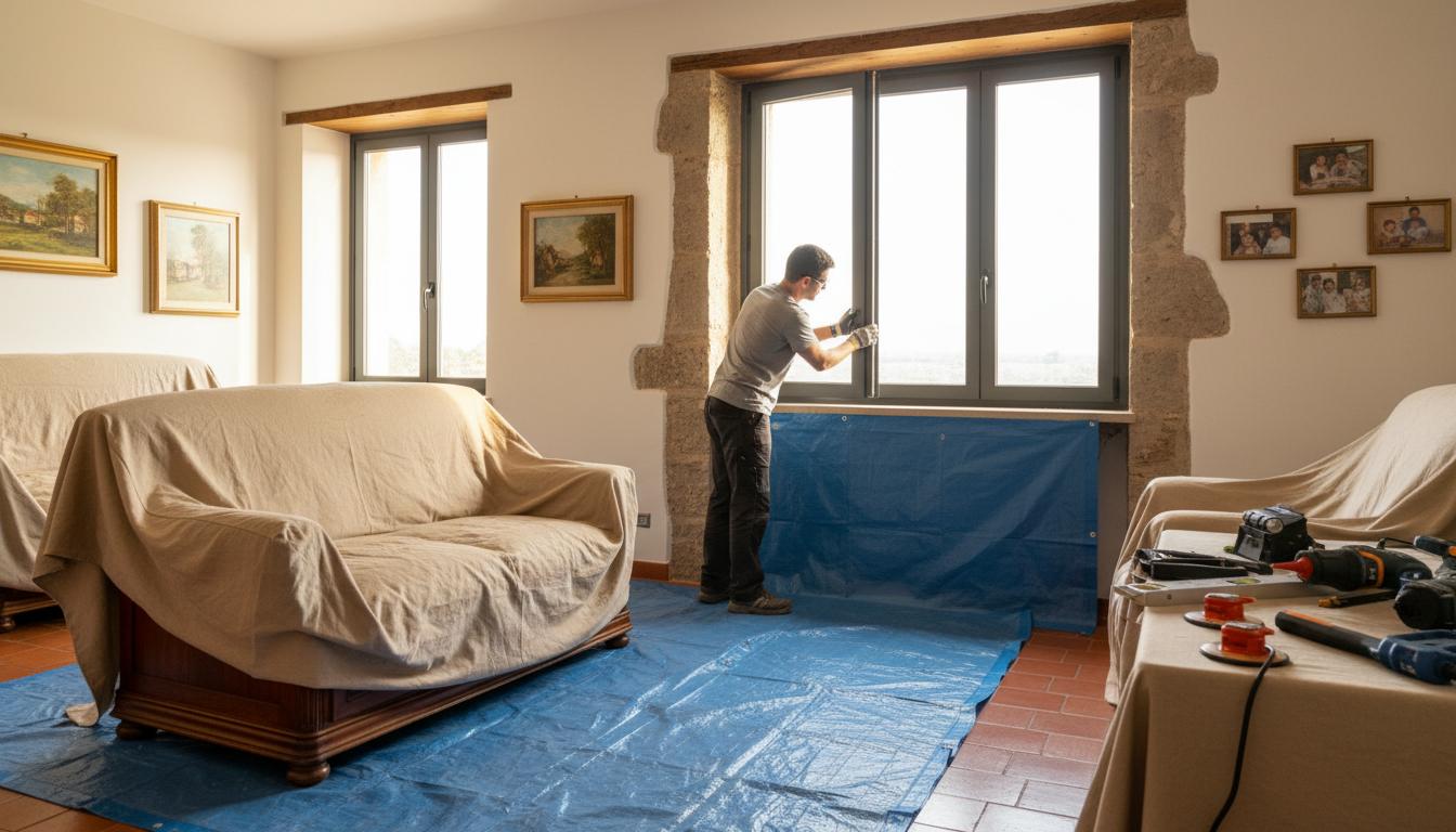 Sostituzione di una finestra in una casa abitata, con protezioni a pavimento