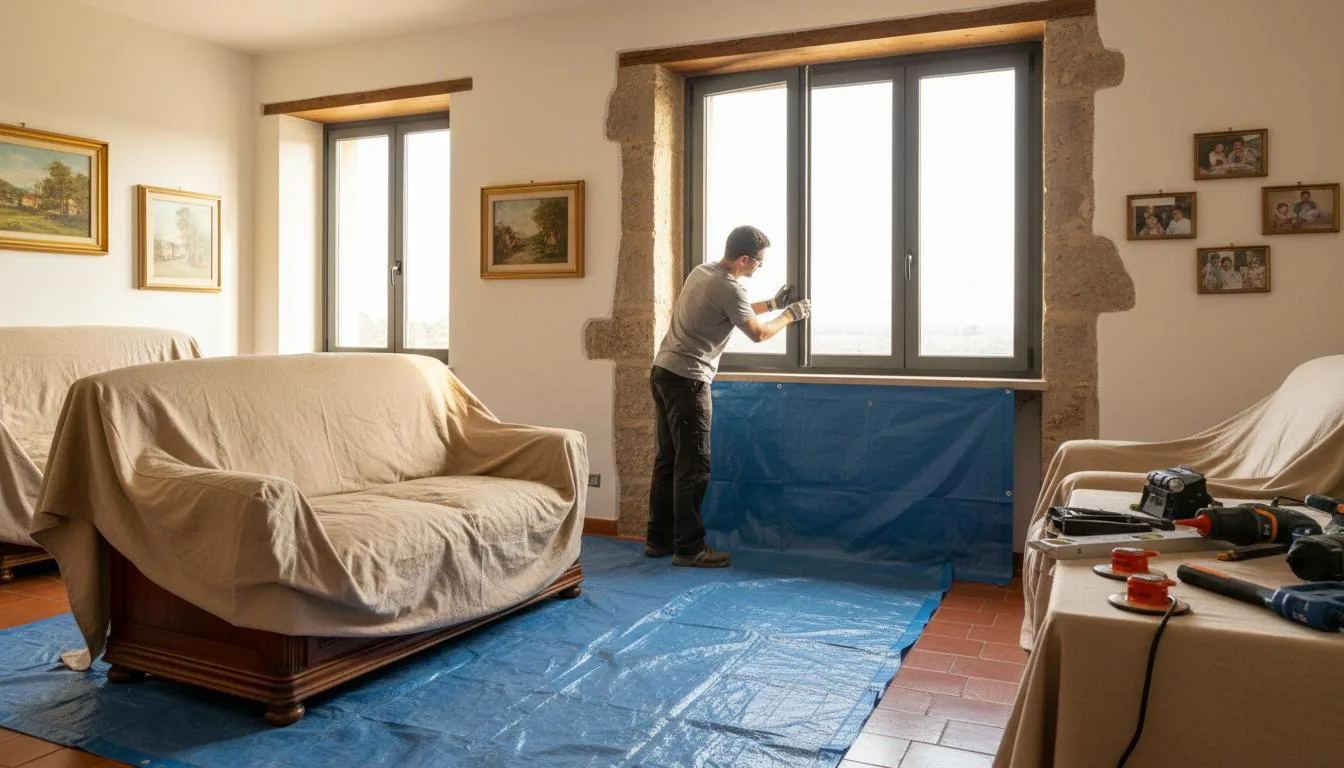 Sostituzione di una finestra in una casa abitata, con protezioni a pavimento