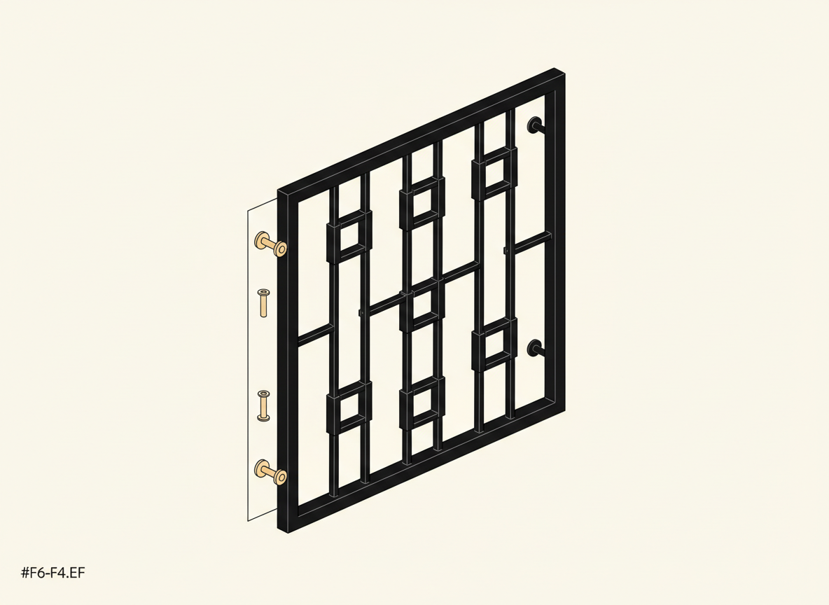 Schema di una grata: telaio perimetrale, barre dal disegno geometrico e fissaggio a muro.