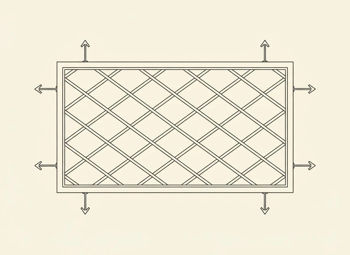 Schema di una grata: telaio perimetrale, barre dal disegno geometrico e fissaggio a muro.