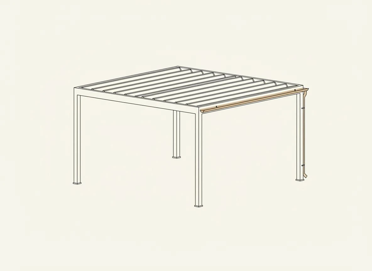 Schema di una pergola bioclimatica: montanti, traversi, lamelle orientabili del tetto e canalina di scolo.
