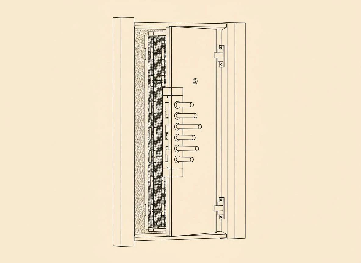 Sezione di una porta blindata: pannello di rivestimento, lamiera in acciaio, catenacci e strato coibente.