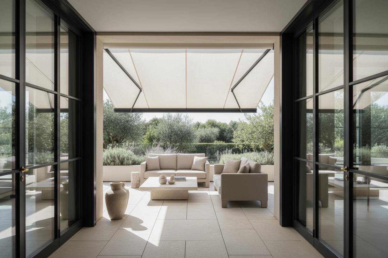 Tenda da sole sobria su una terrazza elegante