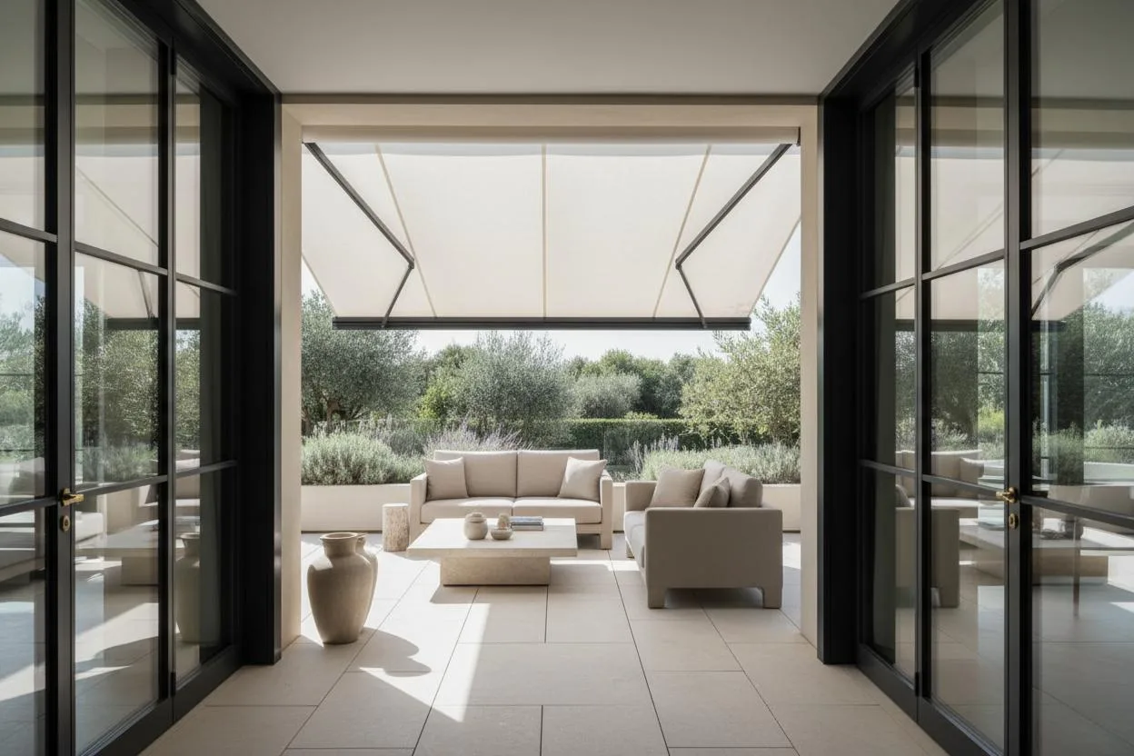 Tenda da sole sobria su una terrazza elegante